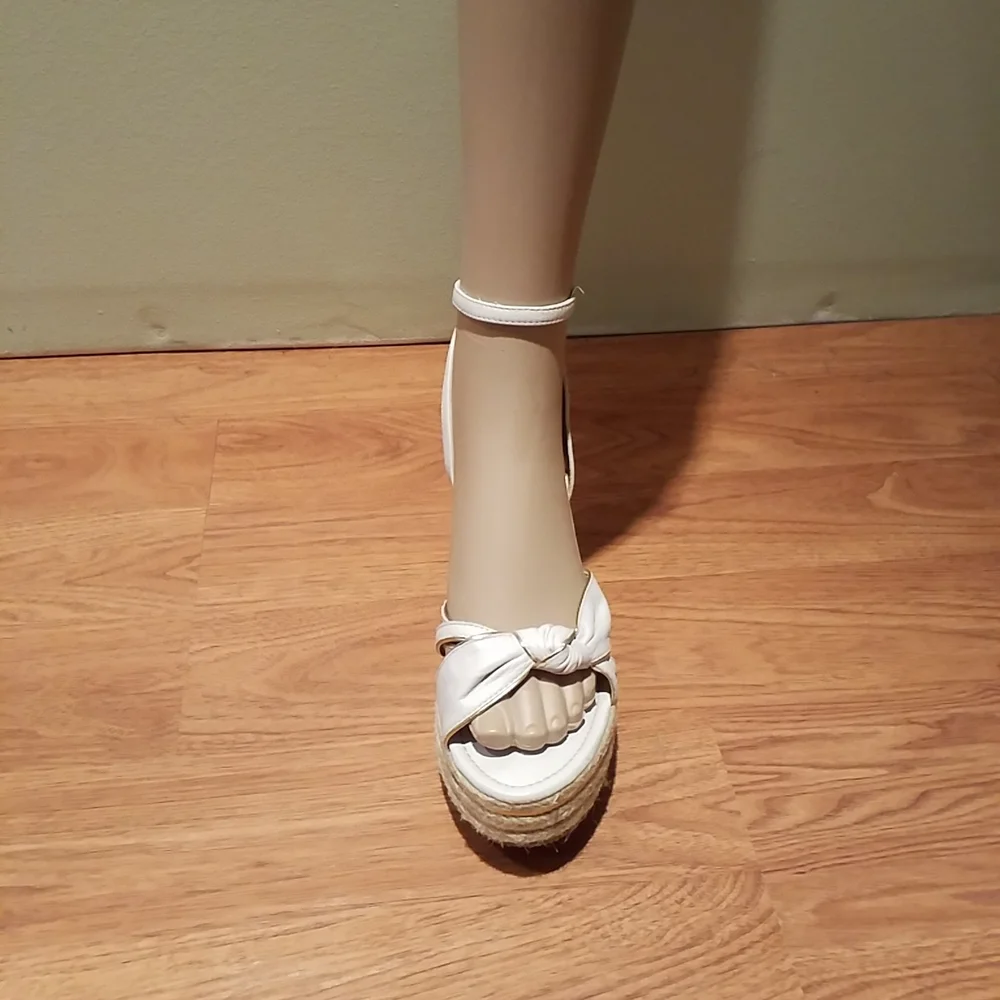Nana White And Gold Wedge Heel Sandal With Wrap Around Ankle Strap 7